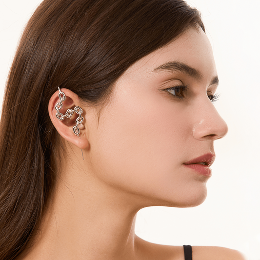 Chain-Link ear cuff in silver worn on the ear, profile view