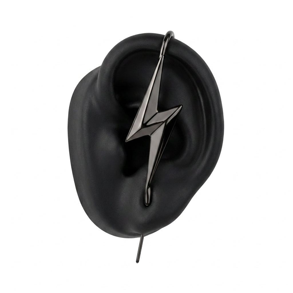 Lightning Bolt ear cuff in black on a black ear form