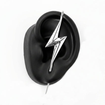 Lightning Bolt ear cuff in silver on a black ear form