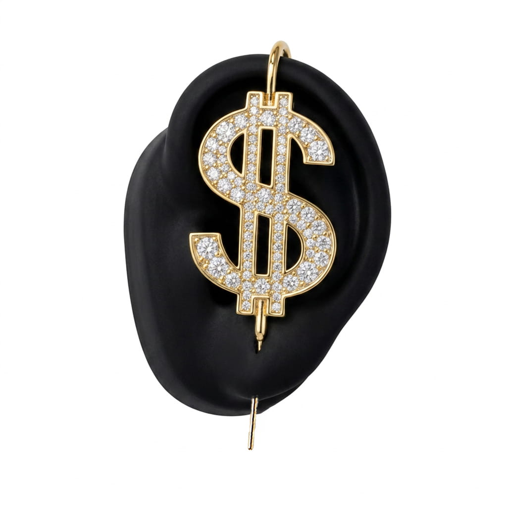 CA$H ear cuff in gold on a black ear form
