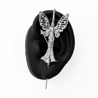 Forrest Fairy ear cuff in silver on a black ear form