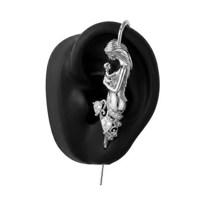 Motherhood ear cuff in silver on a black ear form