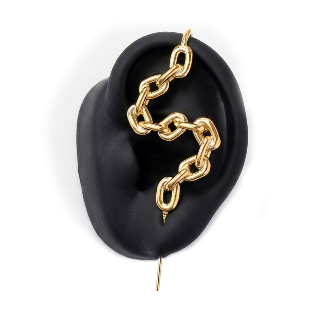 Chain-Link ear cuff in gold on a black ear form