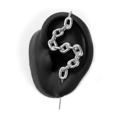 Chain-Link ear cuff in silver on a black ear form