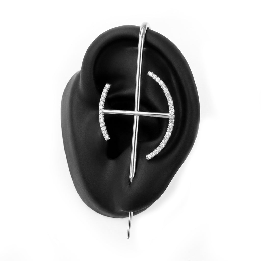 Elevate ear cuff in silver on a black ear form