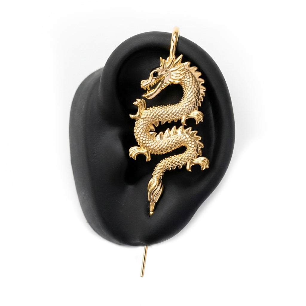Tianlong 天龙 ear cuff in gold on a black ear form