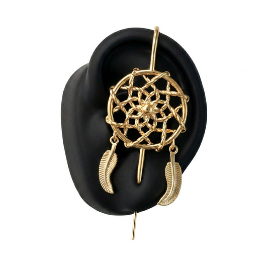Dreamcatcher ear cuff in gold on a black ear form