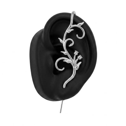 Enchanted Vine ear cuff in silver on a black ear form