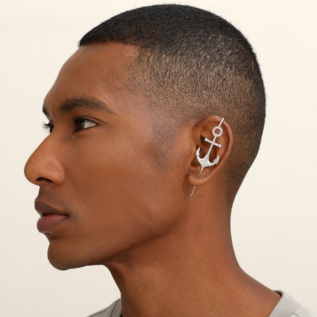 Safe Haven ear cuff worn on the ear, profile view