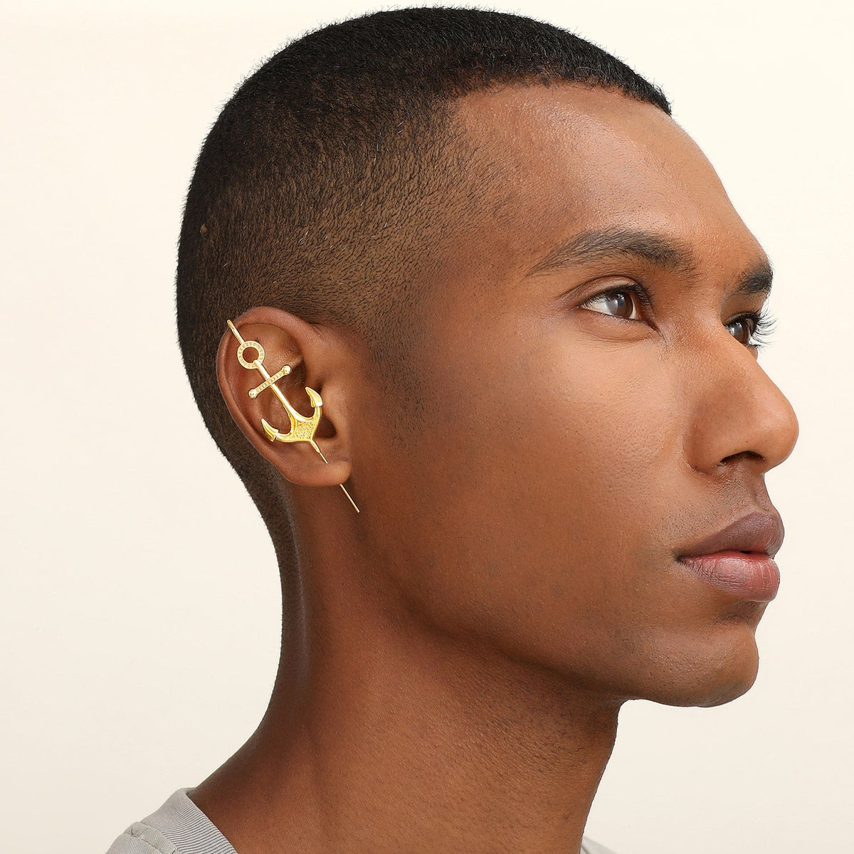 Safe Haven ear cuff worn on the ear, profile view