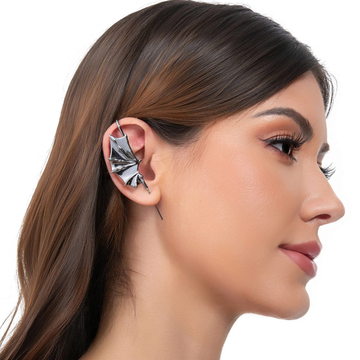 Nightfall Wings ear cuff in black on a black ear form