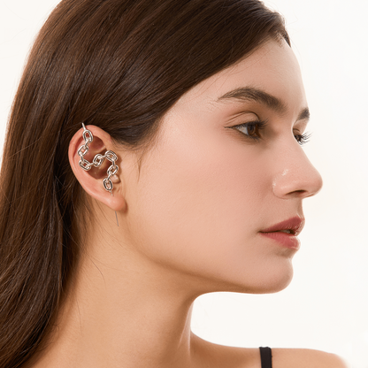 Chain-Link ear cuff in silver worn on the ear, profile view