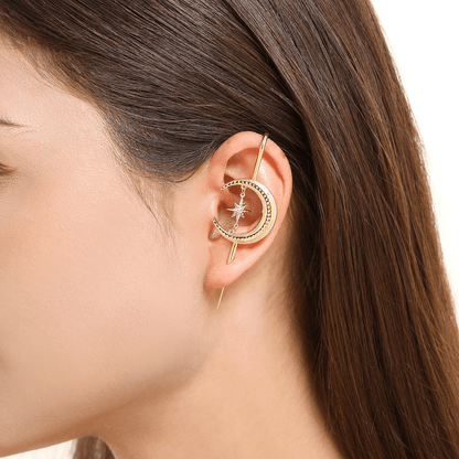 Cosmic Connection ear cuff in gold worn on the ear, profile view