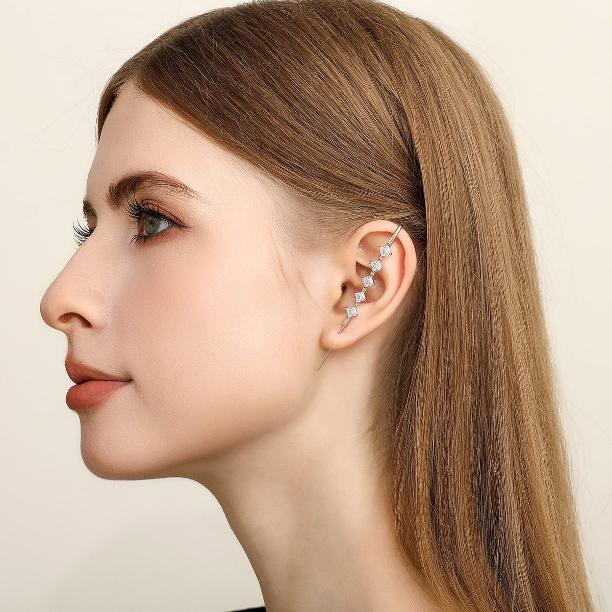 Crystal Stack ear cuff worn on the ear, profile view