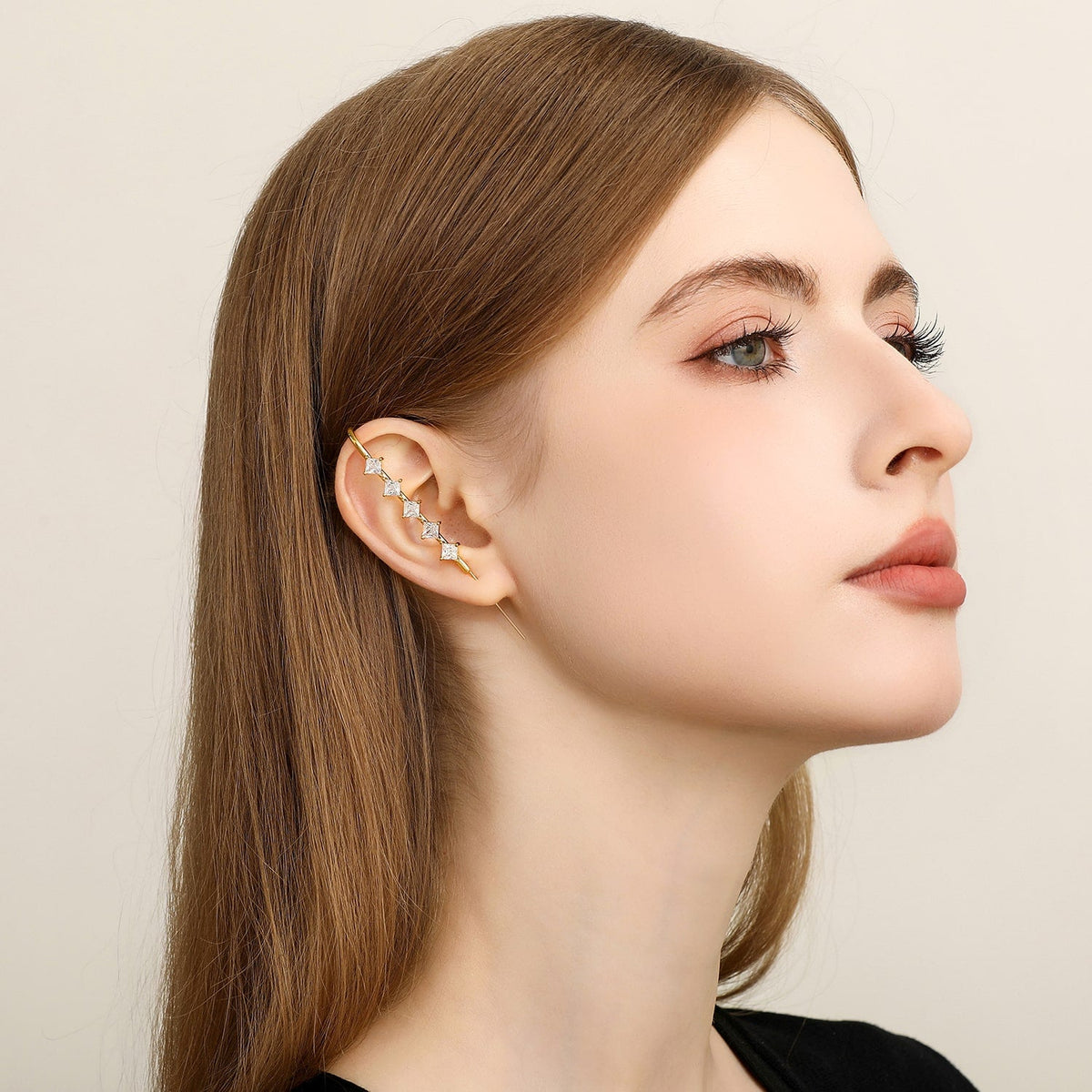 Crystal Stack ear cuff worn on the ear, profile view