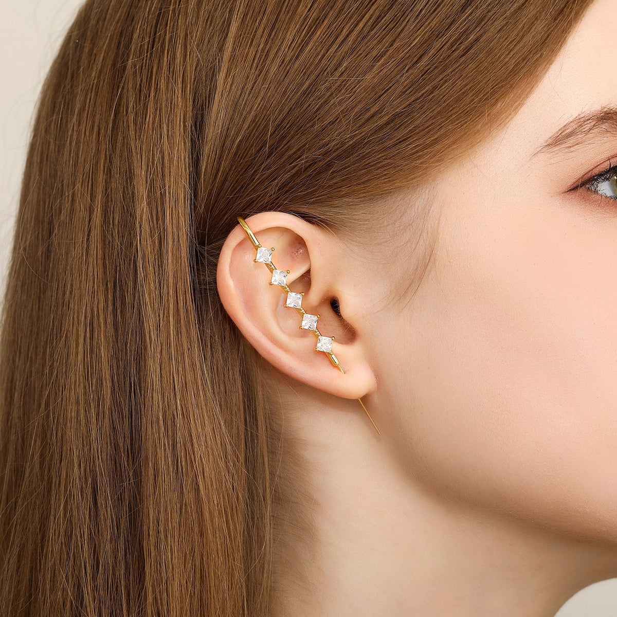 Crystal Stack ear cuff worn on the ear, profile view