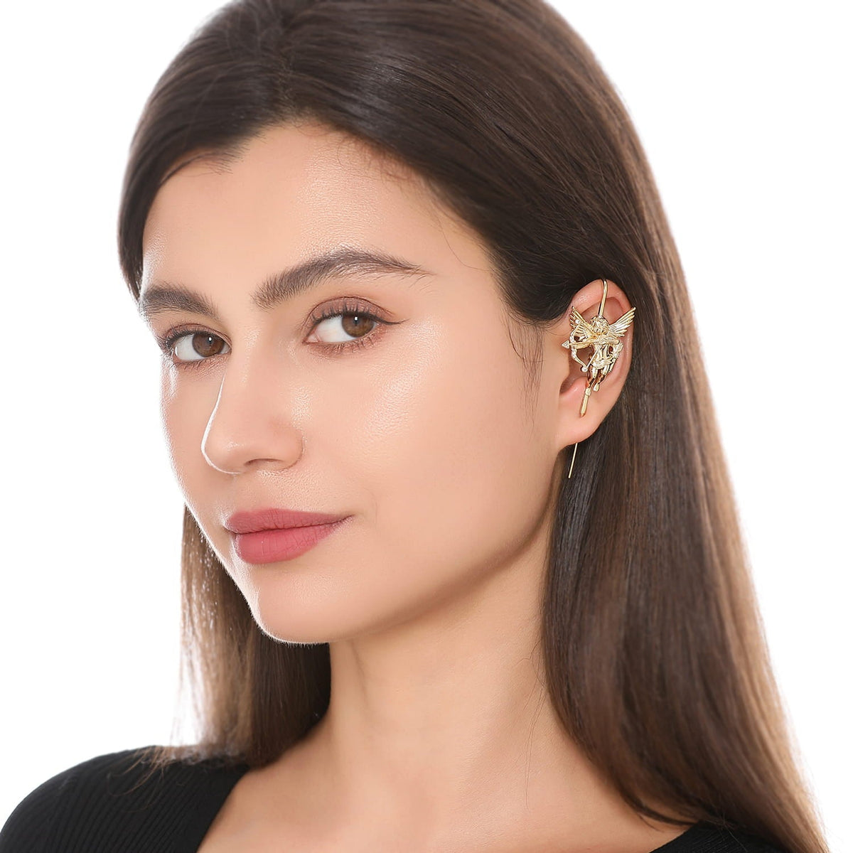 Cupid ear cuff worn on the ear, profile view