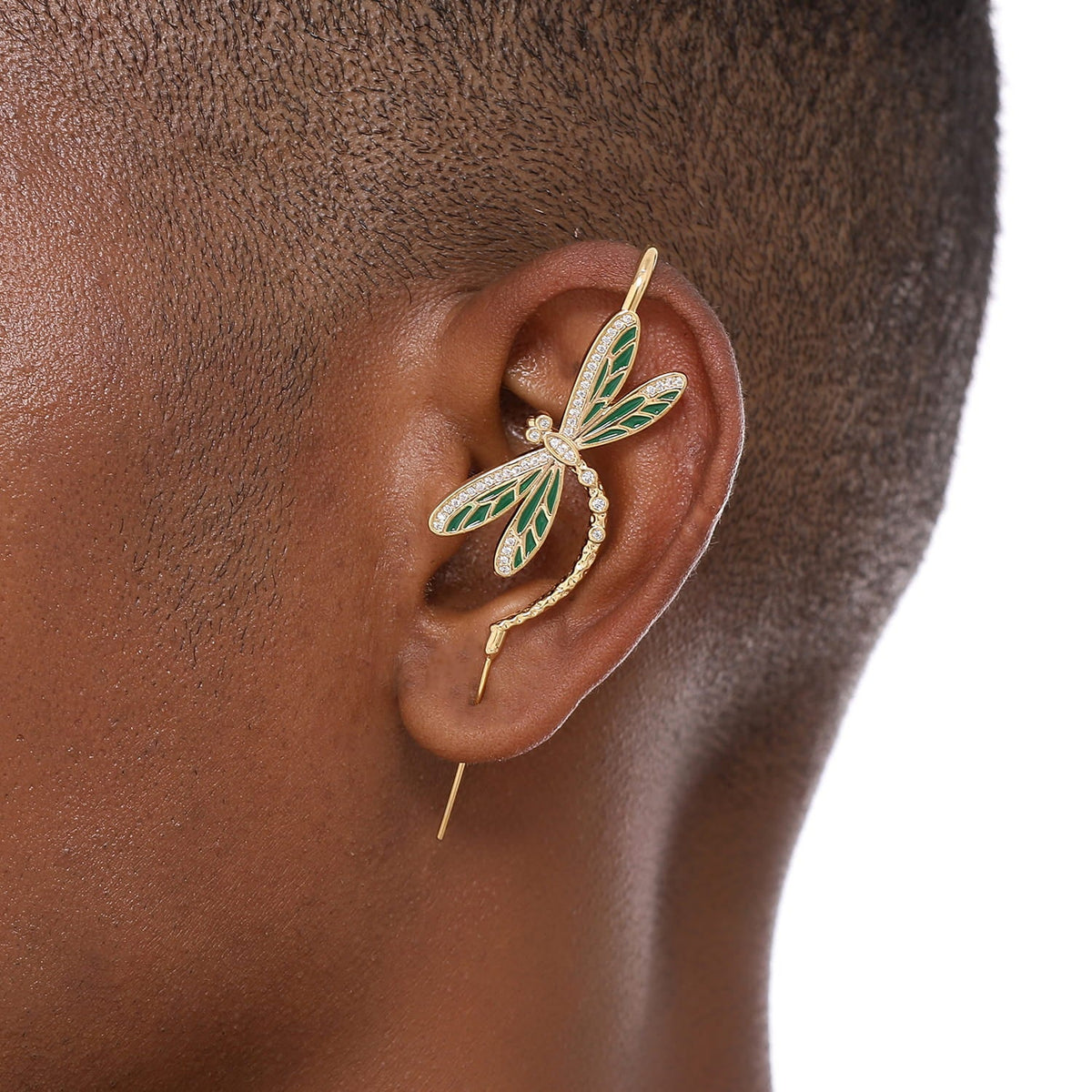 Dragonfly ear cuff worn on the ear, profile view