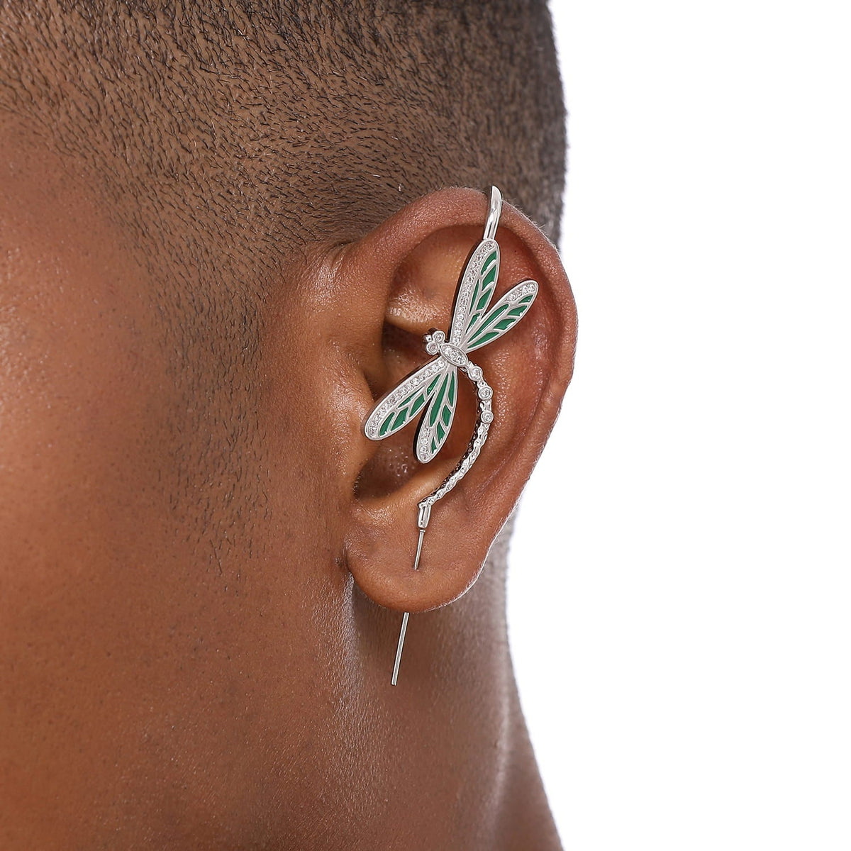 Dragonfly ear cuff worn on the ear, profile view