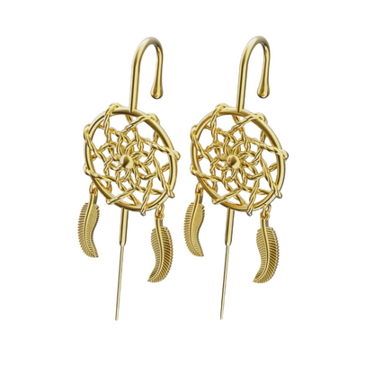 Dreamcatcher ear cuffs in gold, a pair