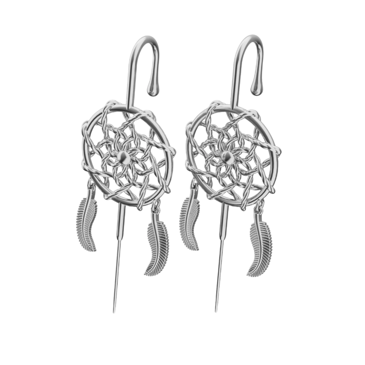 Dreamcatcher ear cuffs in silver, a pair