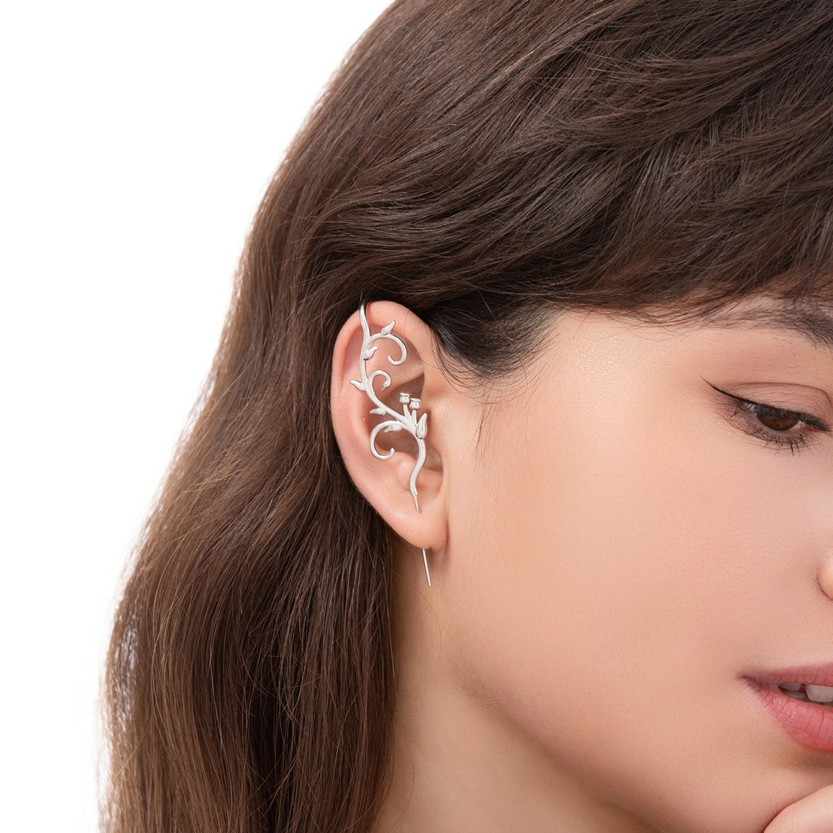 Enchanted Vine ear cuff worn on the ear, profile view