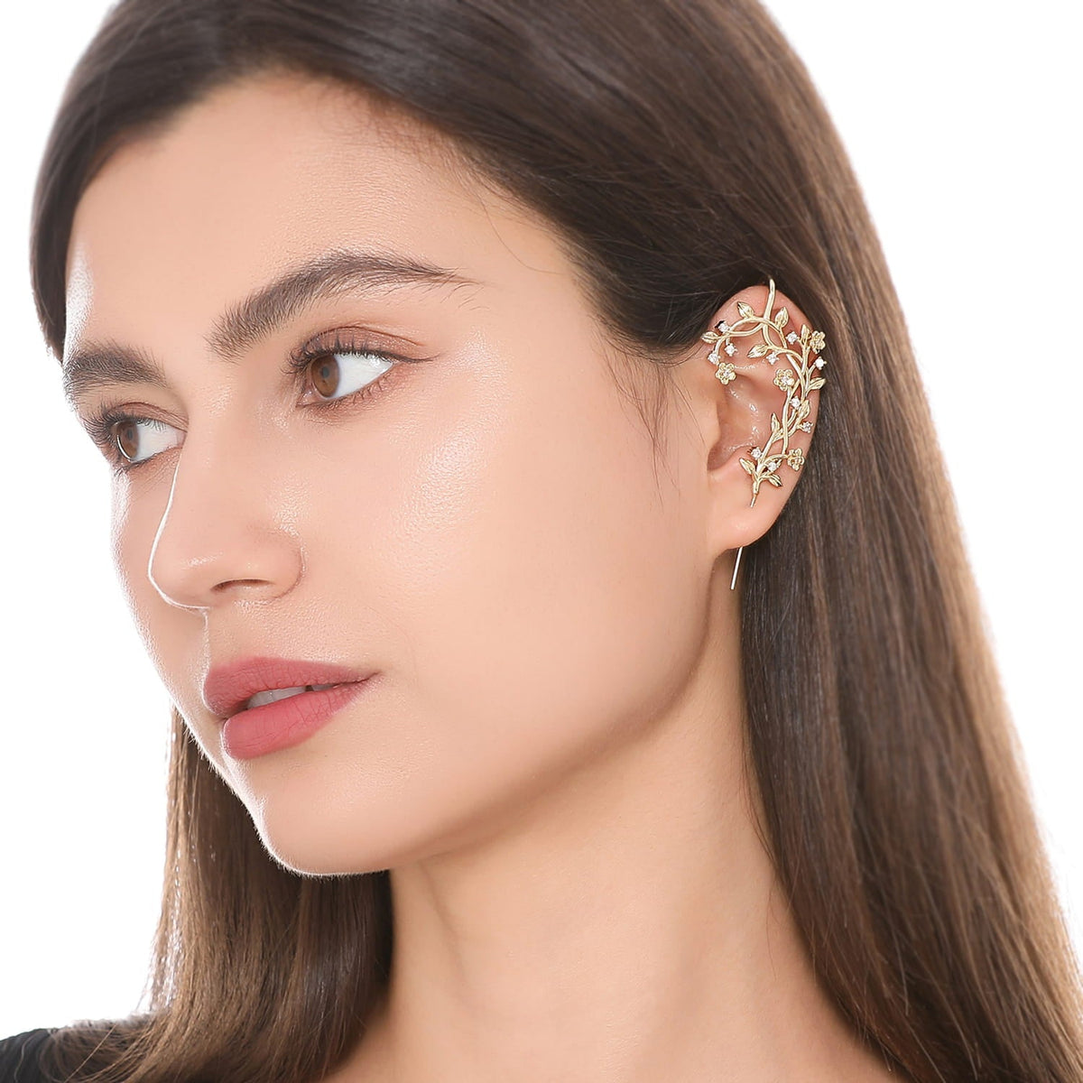 Flourishing ear cuff worn on the ear, profile view