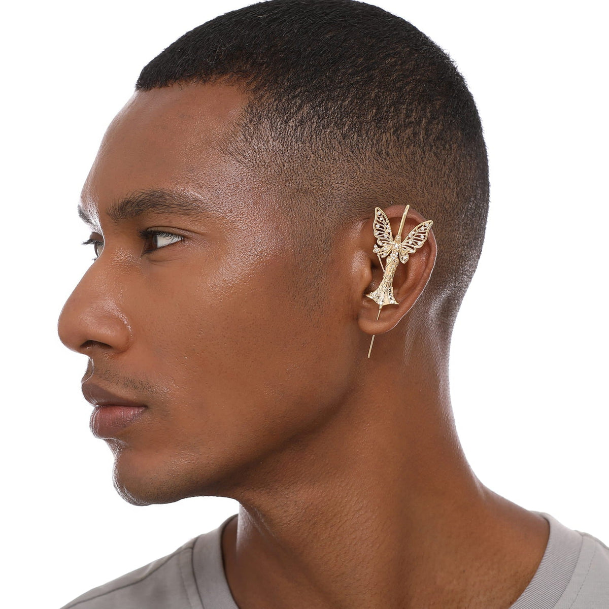 Forrest Fairy ear cuff worn on the ear, profile view