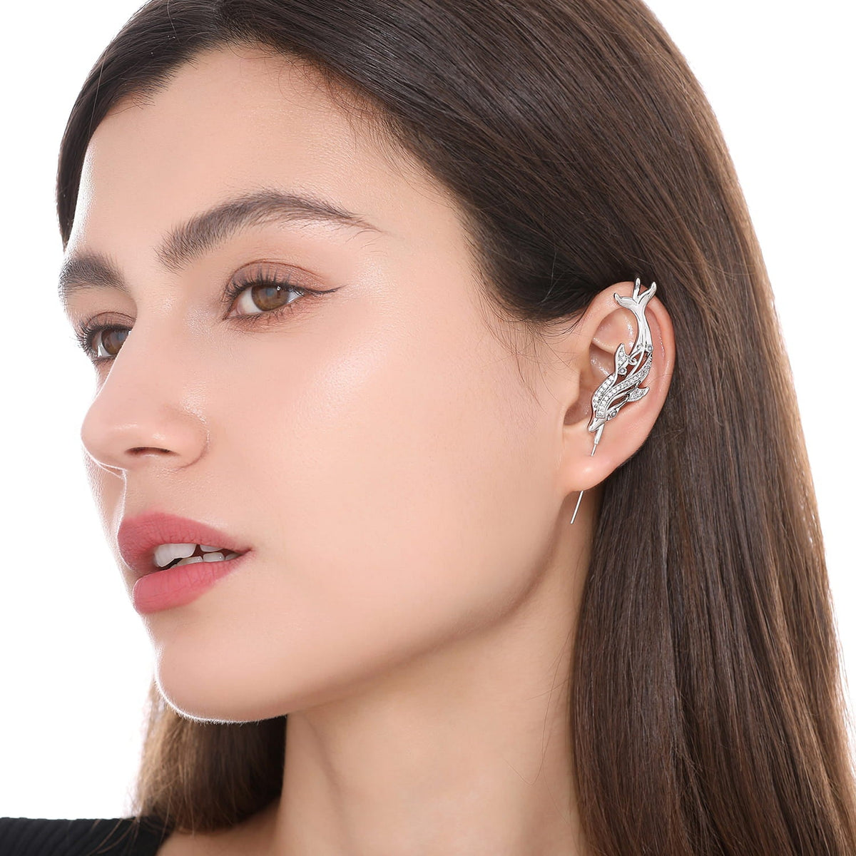 Graceful Dolphin ear cuff worn on the ear, profile view