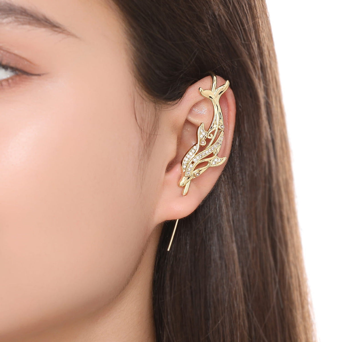 Graceful Dolphin ear cuff worn on the ear, profile view