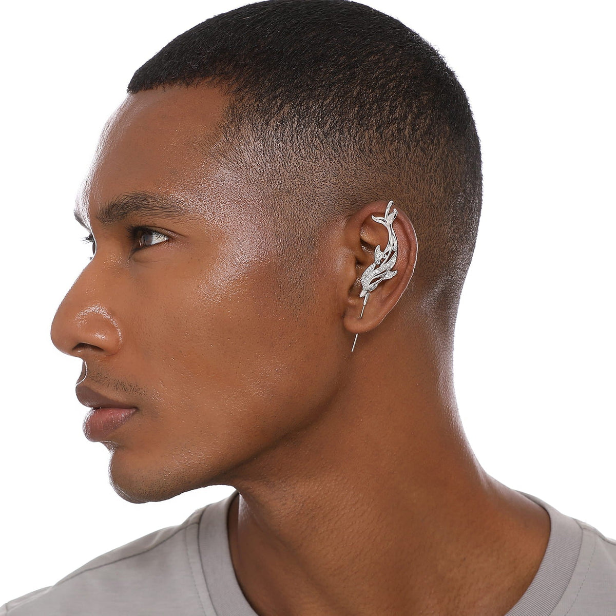 Graceful Dolphin ear cuff worn on the ear, profile view