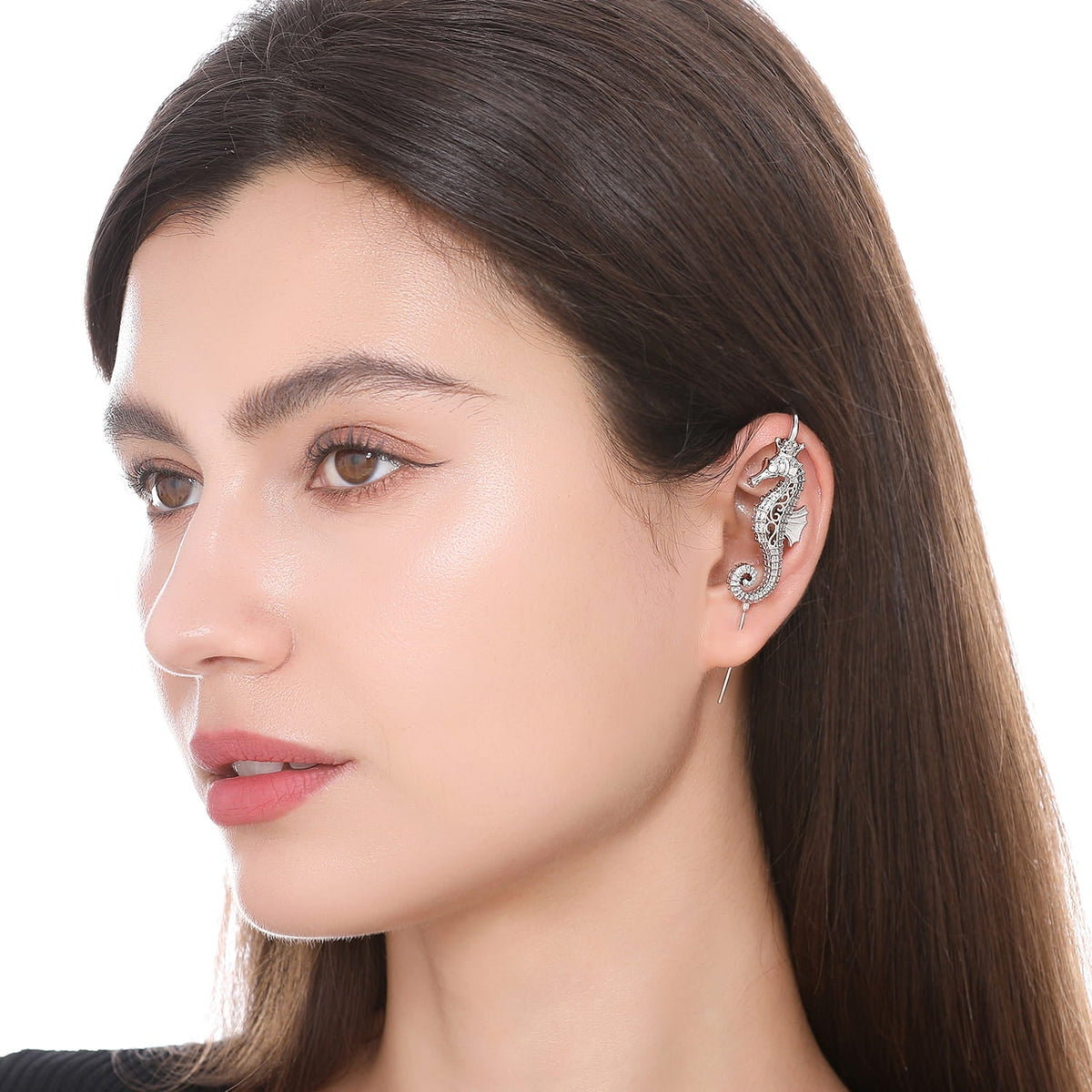 Imperial Seahorse ear cuff worn on the ear, profile view
