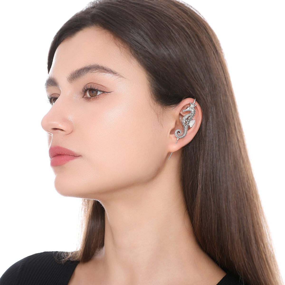 Imperial Seahorse ear cuff worn on the ear, profile view