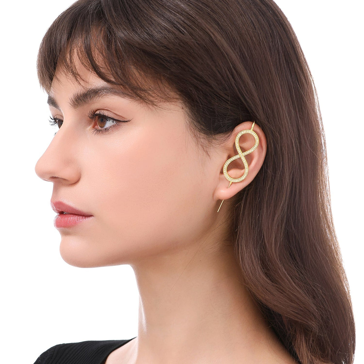 Infinity ear cuff worn on the ear, profile view