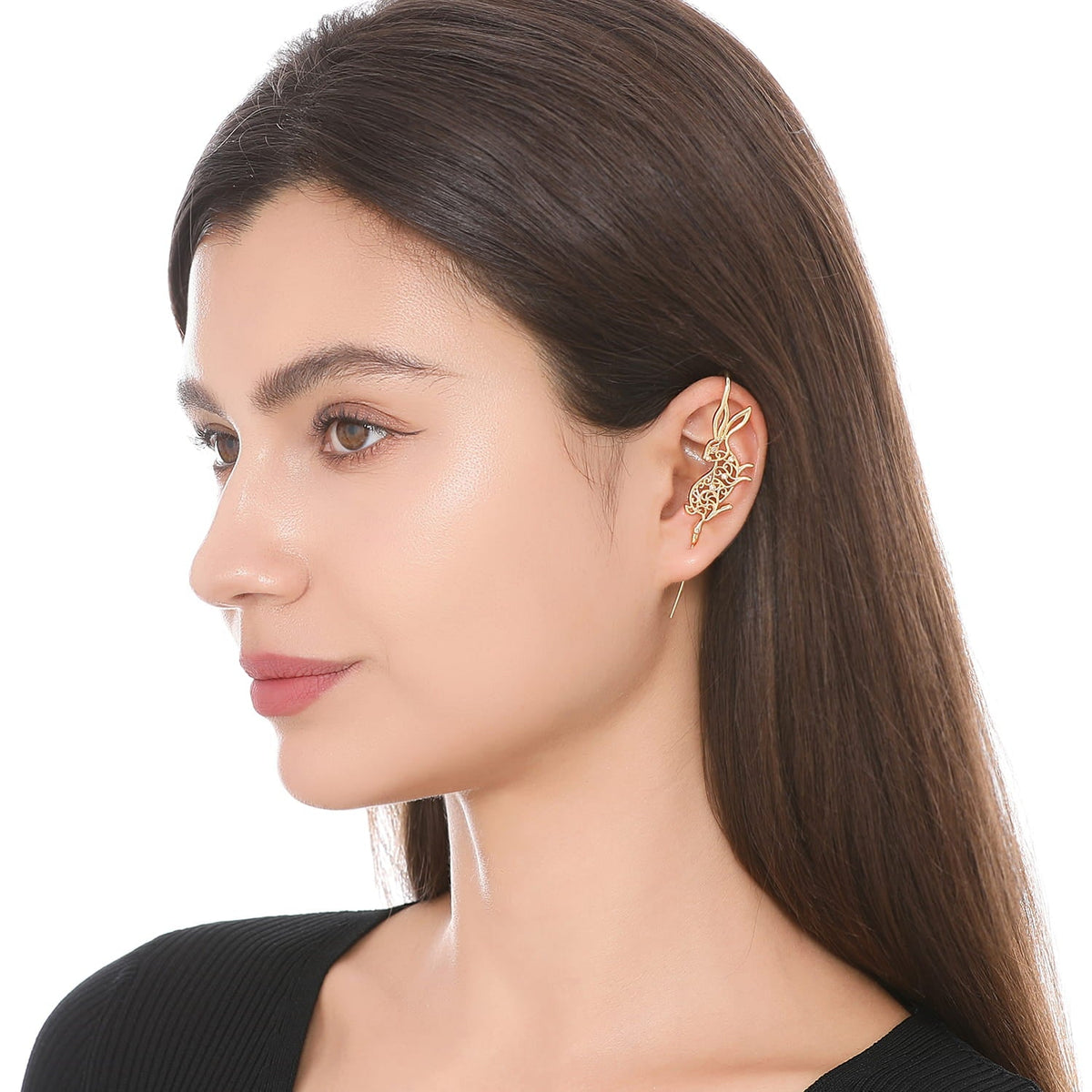 Leaping Hare ear cuff worn on the ear, profile view