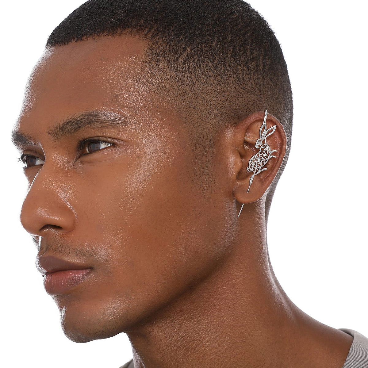 Leaping Hare ear cuff worn on the ear, profile view
