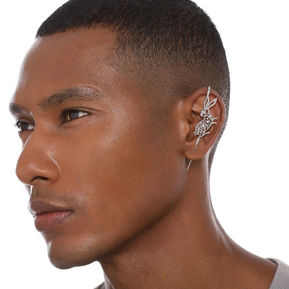 Leaping Hare ear cuff worn on the ear, profile view
