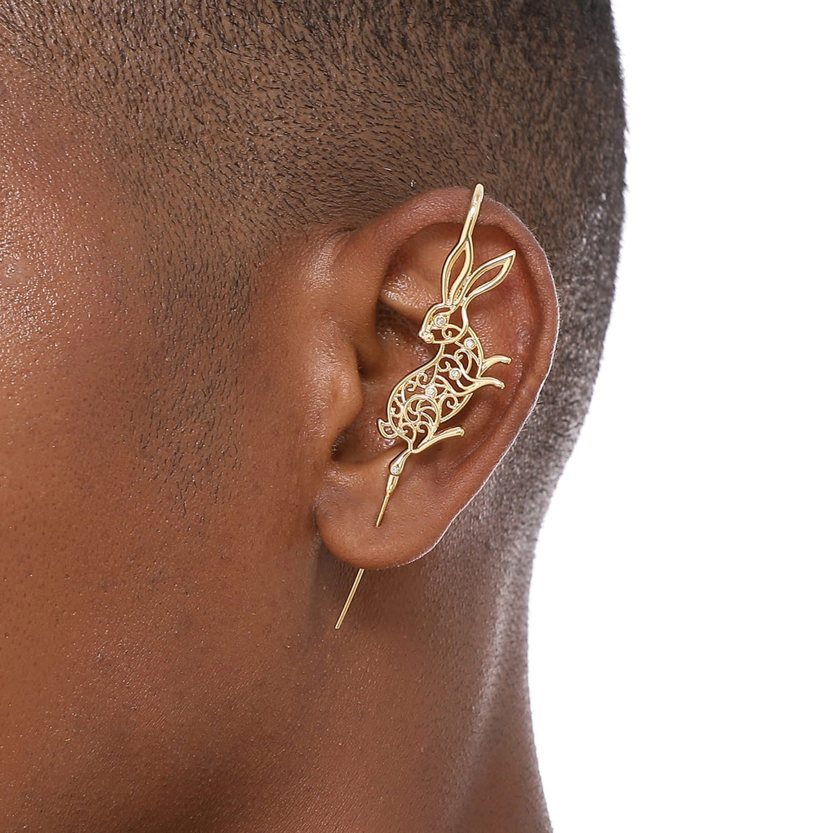 Leaping Hare ear cuff worn on the ear, profile view