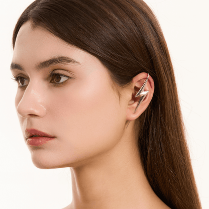 Lightning Bolt ear cuff in silver worn on the ear, profile view