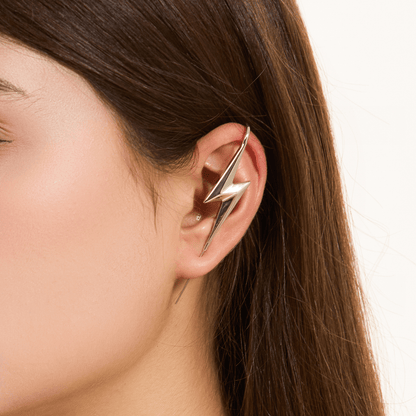 Lightning Bolt ear cuff in silver worn on the ear, profile view