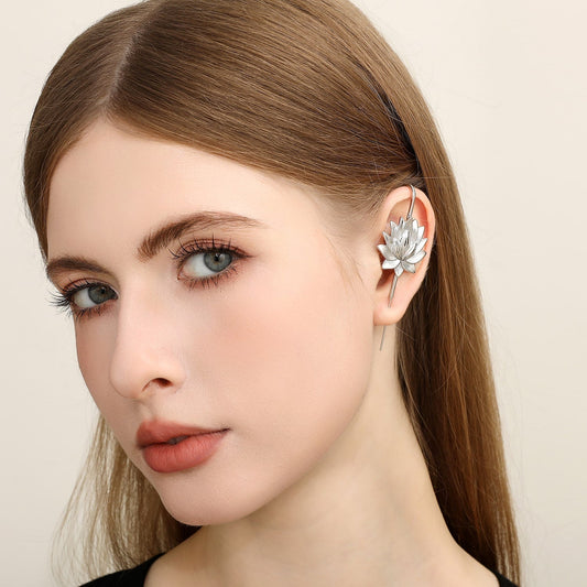 Lotus Bloom ear cuff worn on the ear, profile view