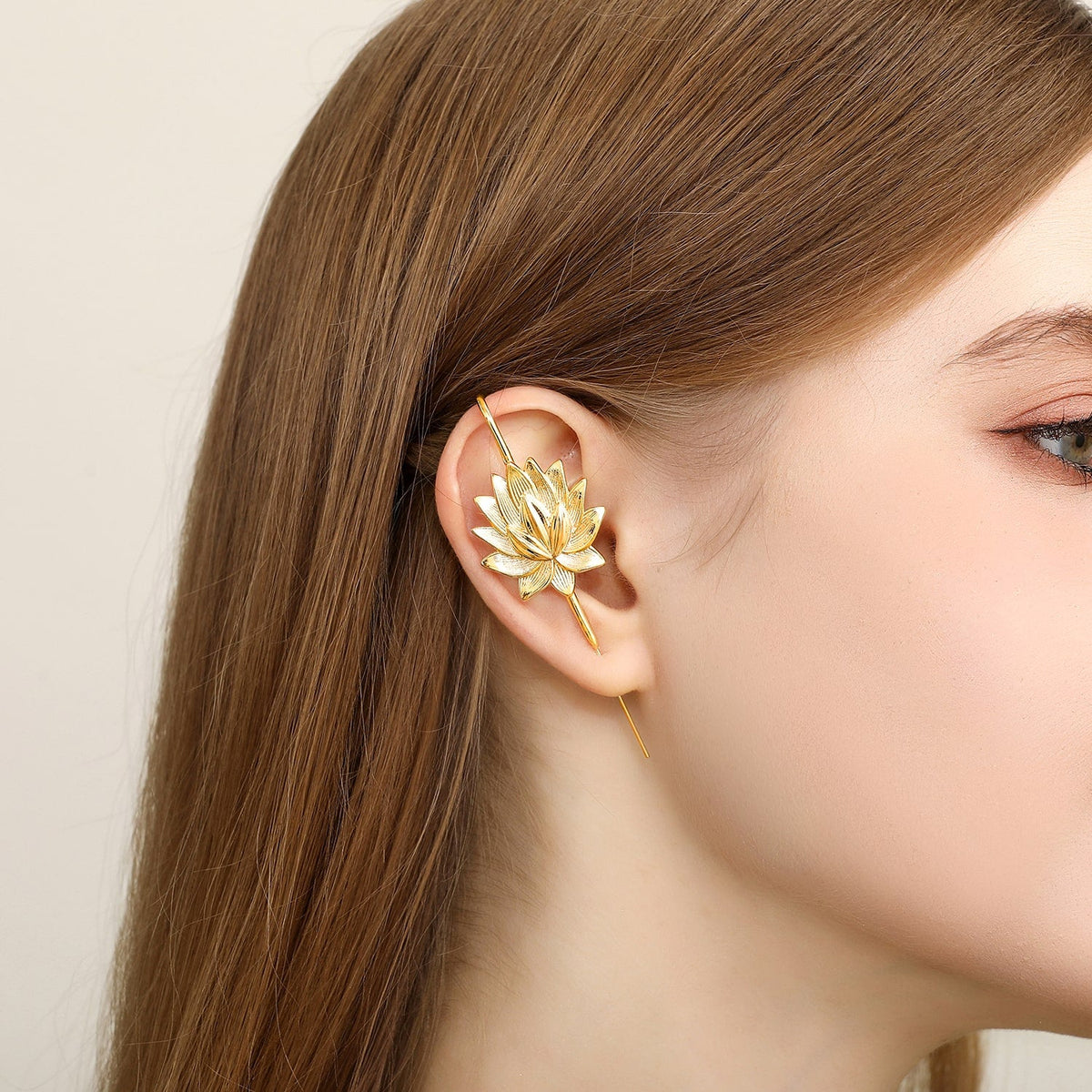 Lotus Bloom ear cuff worn on the ear, profile view