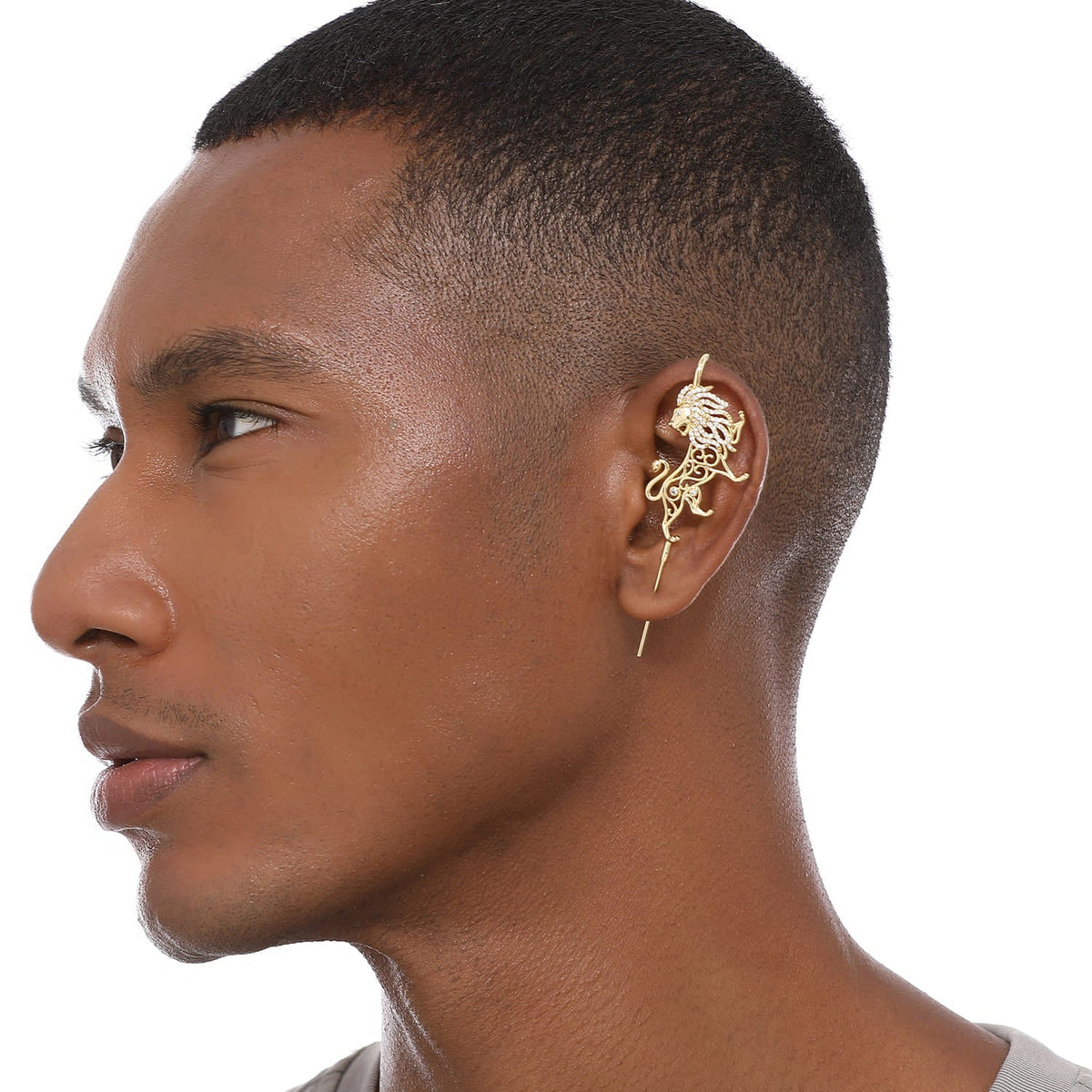 Majestic Lion ear cuff worn on the ear, profile view