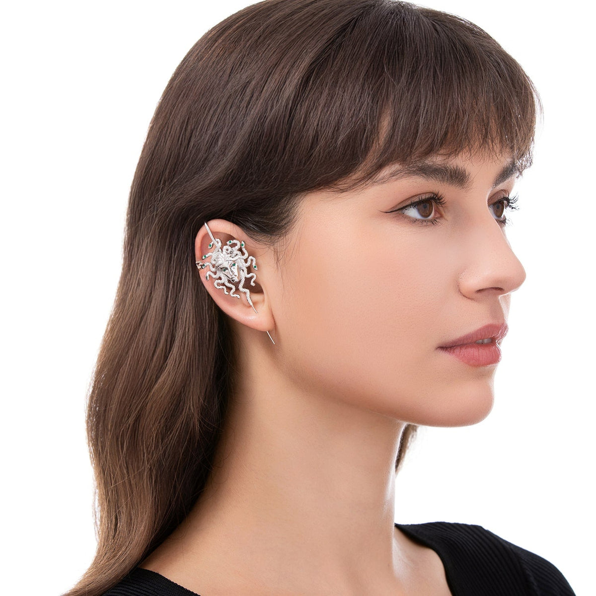 Medusa's Gaze ear cuff worn on the ear, profile view