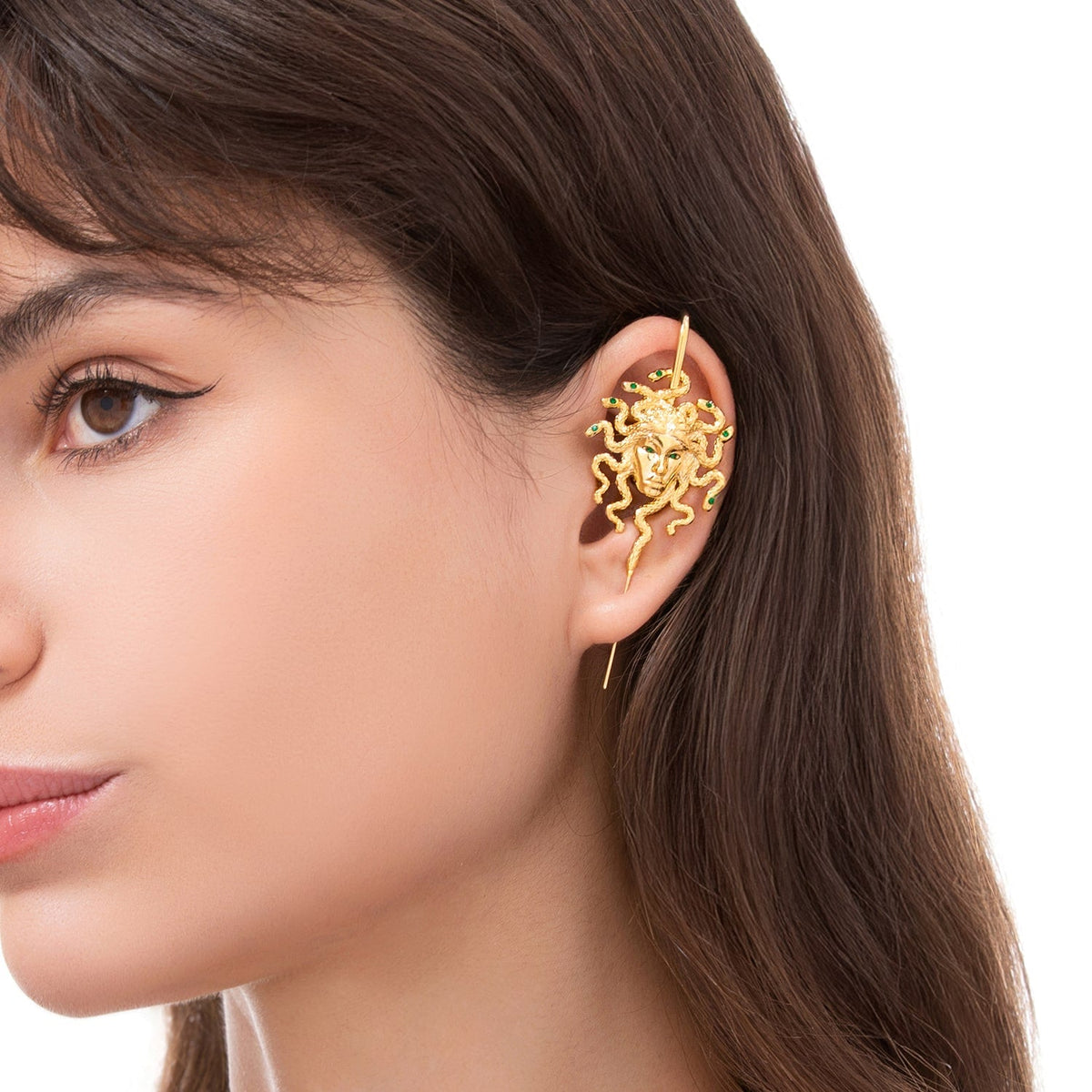 Medusa's Gaze ear cuff worn on the ear, profile view