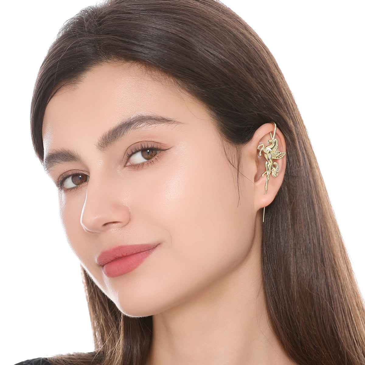 Pegacorn ear cuff worn on the ear, profile view