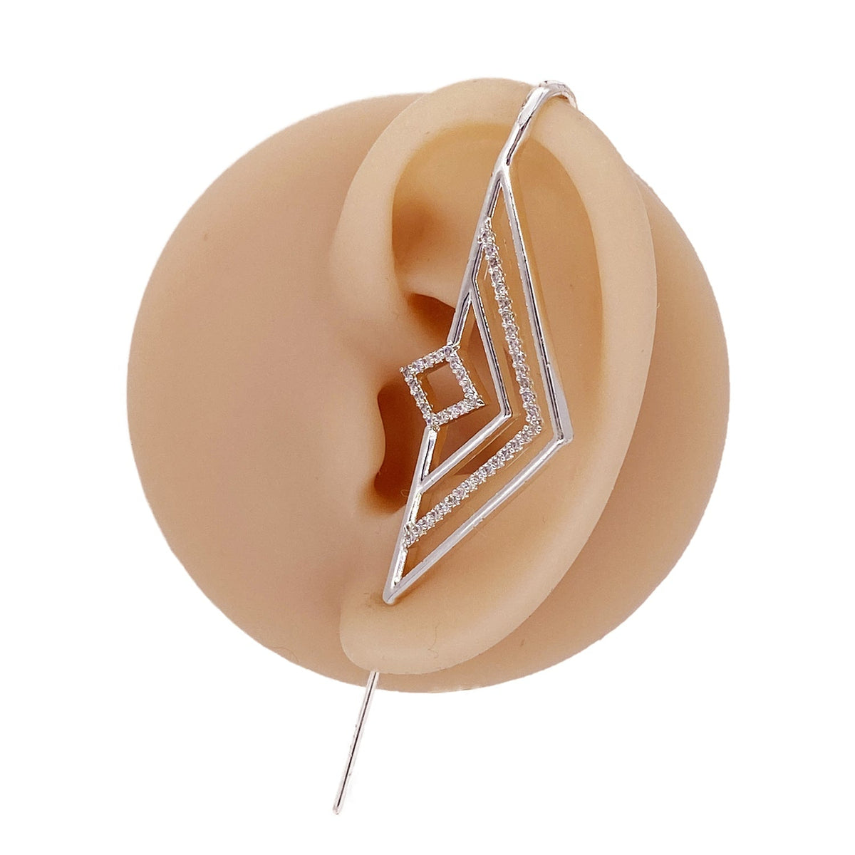 Ascension ear cuff in silver on a black ear form