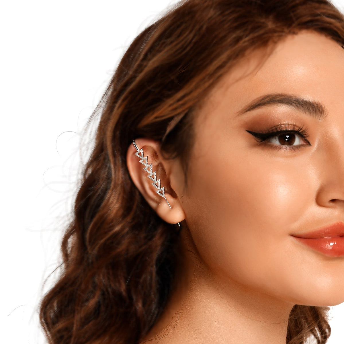 Triangle ear cuff in silver on a black ear form