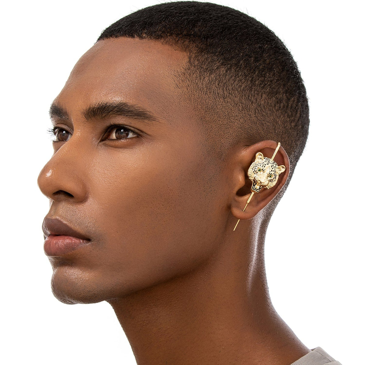 Savage Leopard ear cuff worn on the ear, profile view