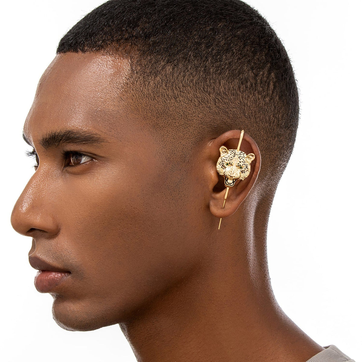 Savage Leopard ear cuff worn on the ear, profile view